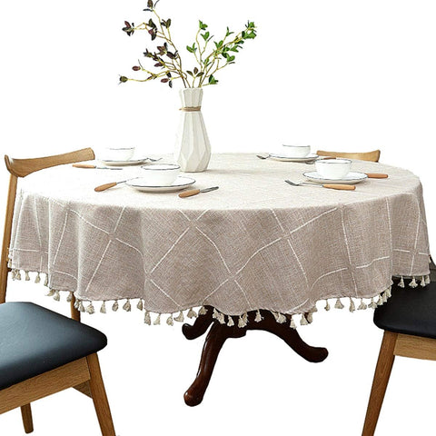Dimatic Heavy Weight Cotton Linen Tablecloth, Plaid Tassel Round Table Cover for Kitchen Dining Room Tabletop Decorations, Round - 70", Beige