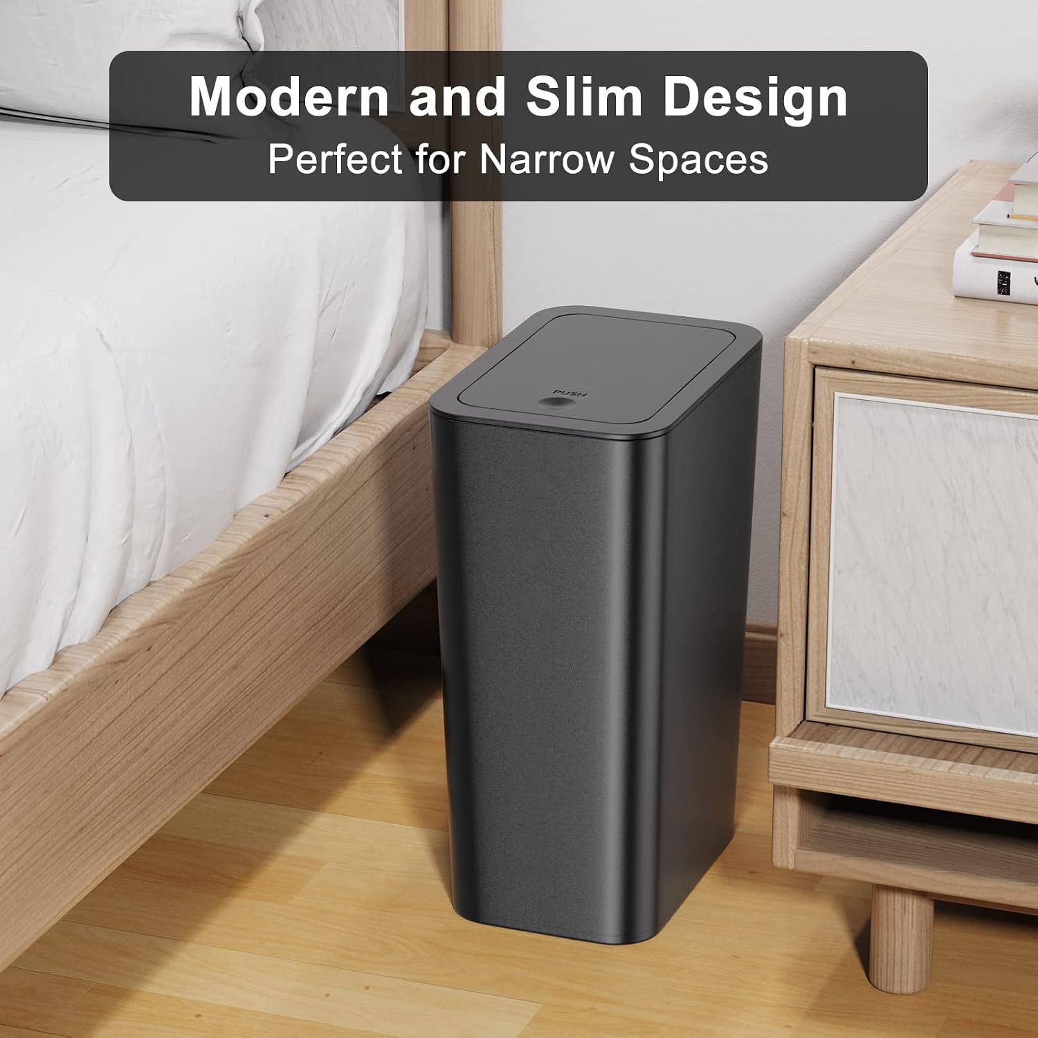 NETDOT 3 Pack 10 L/2.6 Gal Bathroom & Kitchen Trash Can with Press Type Lid, Black Slim Garbage Cans for Bathroom, Kitchen, Office, Bedroom