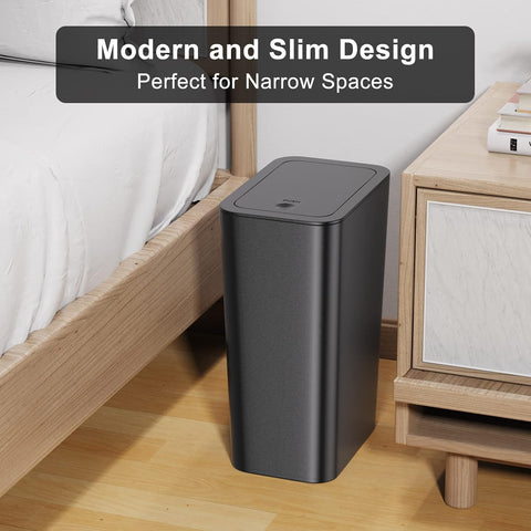 NETDOT 3 Pack 10 L/2.6 Gal Bathroom & Kitchen Trash Can with Press Type Lid, Black Slim Garbage Cans for Bathroom, Kitchen, Office, Bedroom