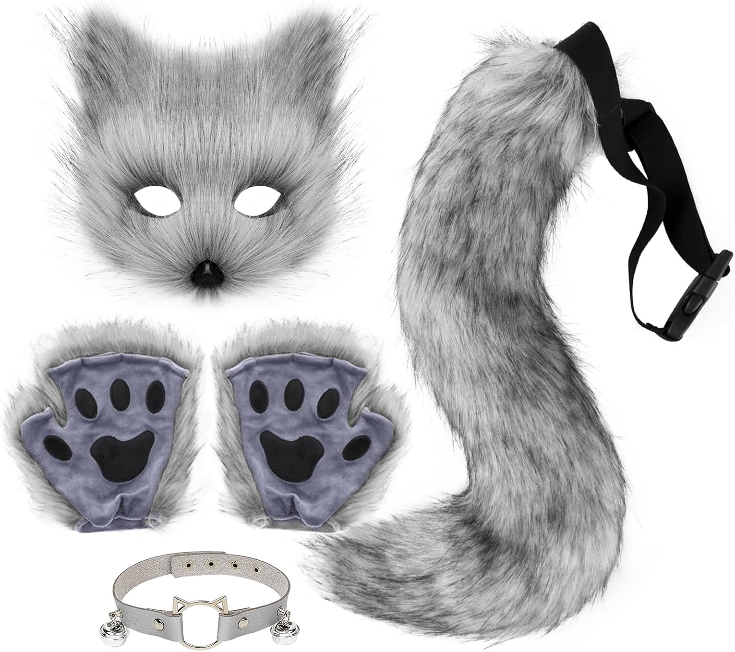Therian Mask Animal Wolf Paw Gloves & Furry Cat Ears Collar Set with Fox Tail - Cosplay Costume Kit