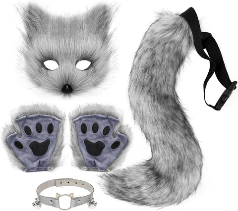Therian Mask Animal Wolf Paw Gloves & Furry Cat Ears Collar Set with Fox Tail - Cosplay Costume Kit