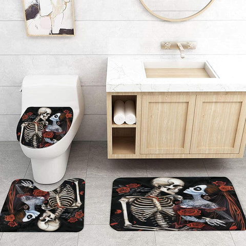 Halloween Shower Curtain and Rugs Bathroom Sets, 4 Pcs Red Rose Skull Couple with Sugar Kiss Flower Bath Decor,Black Waterproof Tub Curtains Mats/U-Shape Rug Toilet Cover Hooks (Y6)