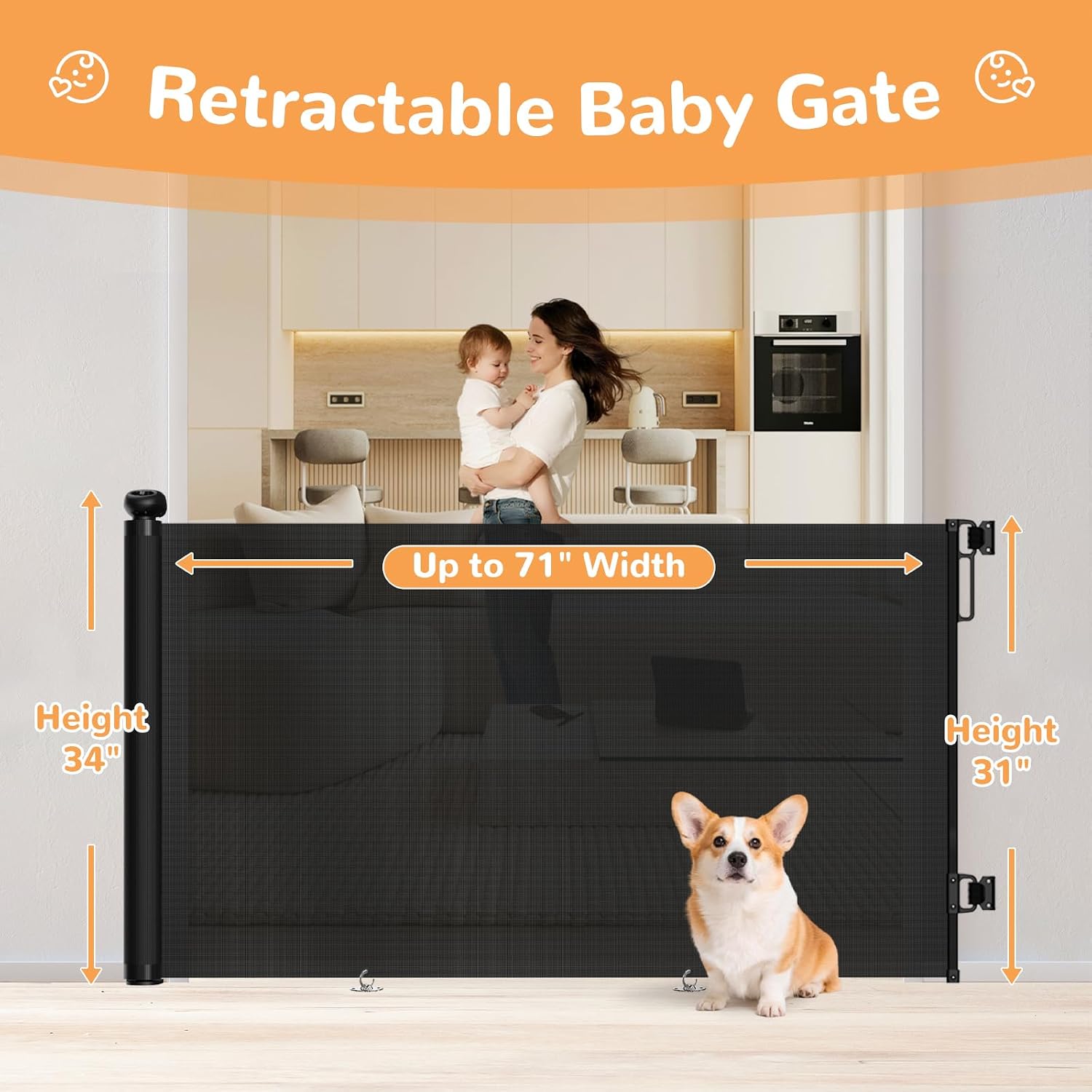 Extra Wide Retractable Baby Gate 34" Tall Fits Up to 71" Wide Black