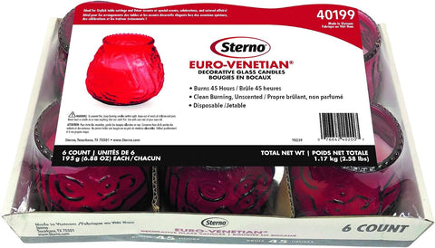 Sterno Euro-Venetian Wax Candles, 45-Hour Burn, Red, 6 Pack