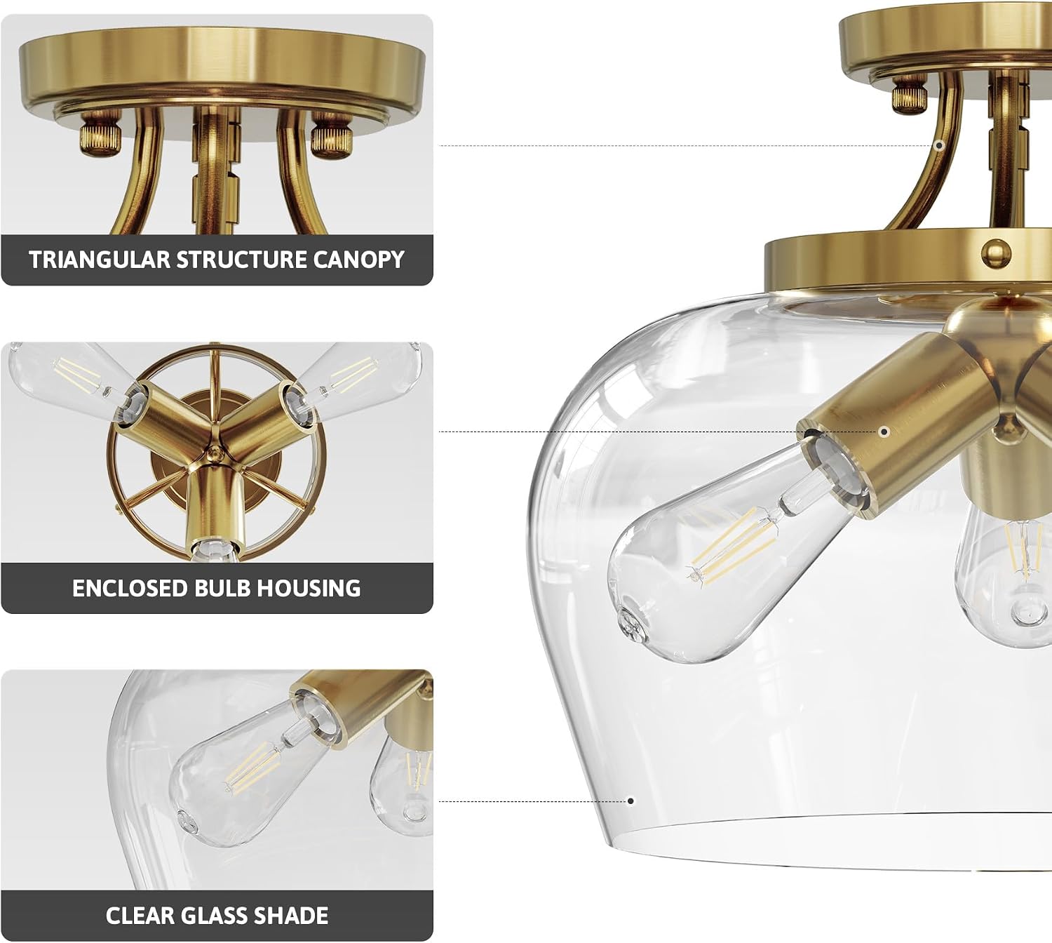 VONLUCE Semi Flush Mount Ceiling Light, Clear Glass Shade Light Fixture