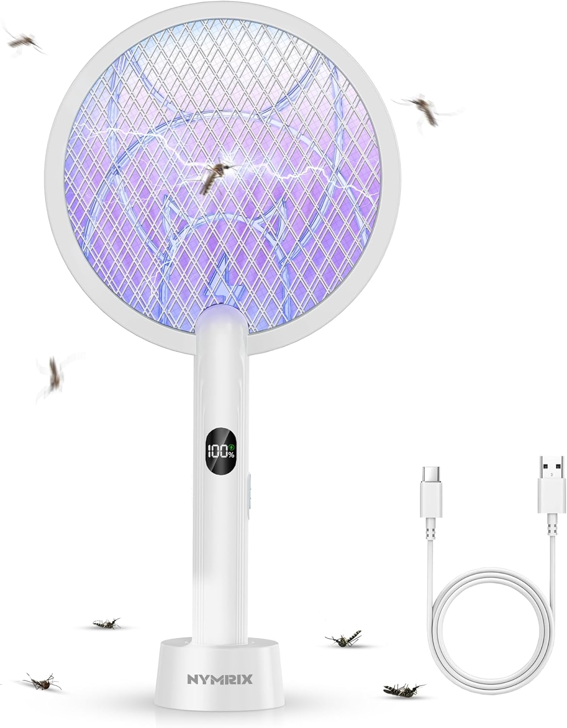 Nymrix Electric Fly Swatter 4100V Dual Mode Bug Zapper Racket（Grey,1-Pack）