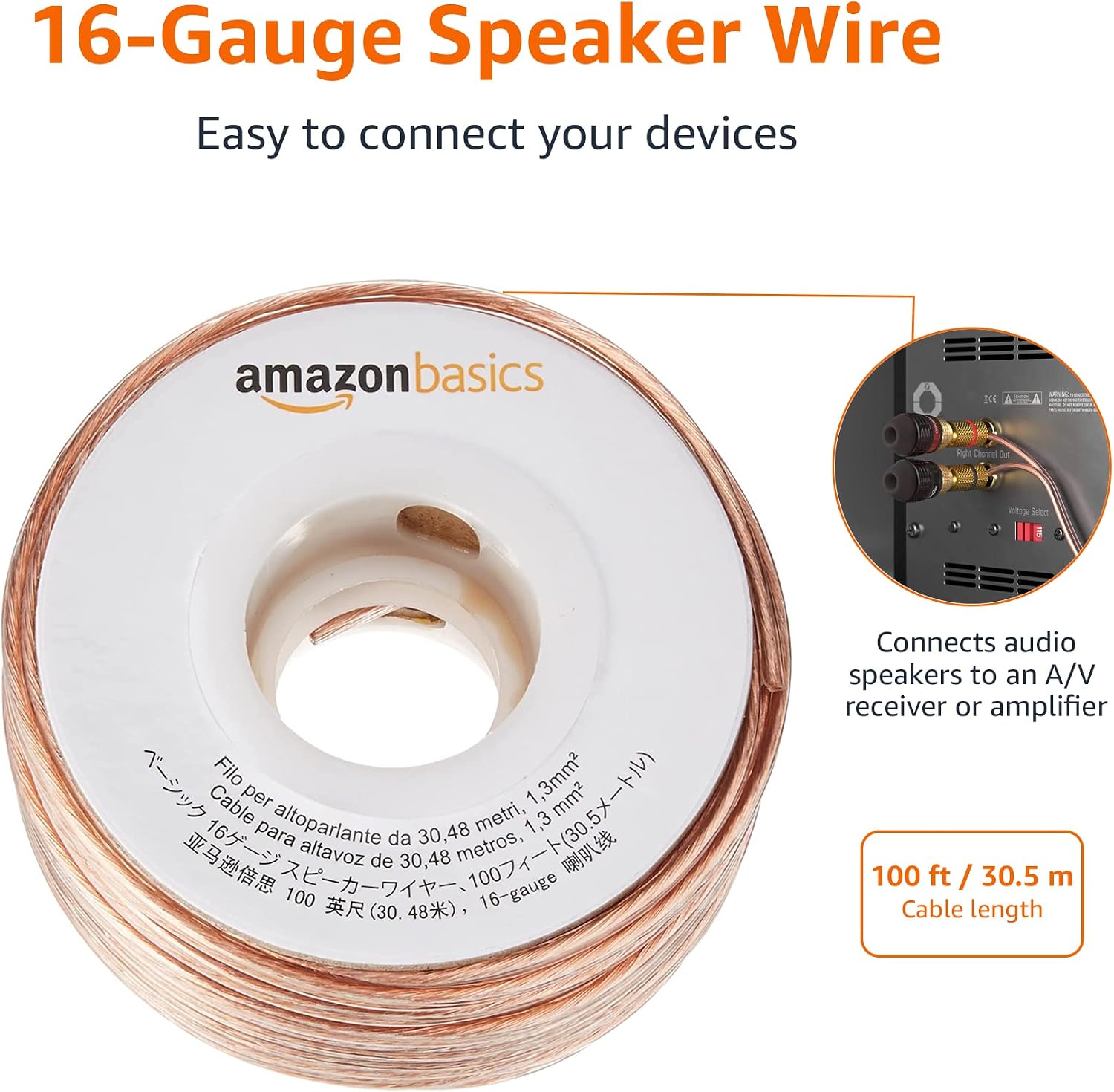 Amazon Basics 16-Gauge Speaker Wire Cable, Polarity Marked, 100 ft, Bronze