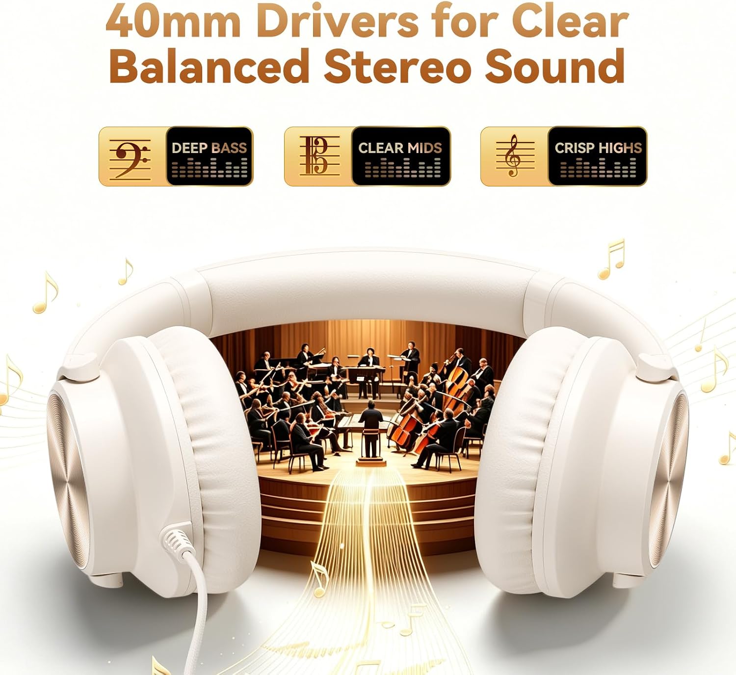 USB C Wired Headphones with Mic, Volume Control, Over-Ear for School, Beige
