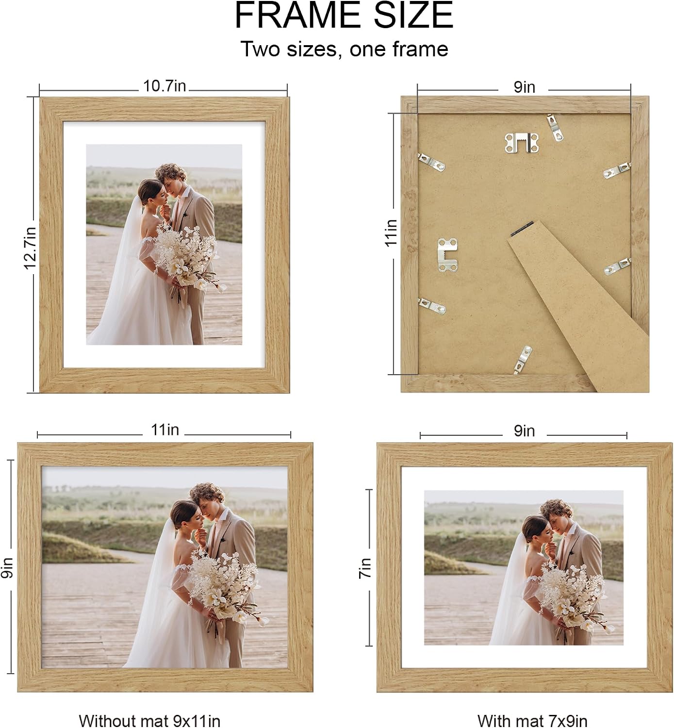 Hongkee 9x11 Picture Frame Set of 4, Made of Real Glass and Natural Oak Frame - Display Picture 7x9 with Mat or 9x11 Without Mat, 9 by 11 Photo for Wall or Tabletop