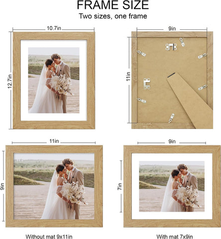 Hongkee 9x11 Picture Frame Set of 4, Made of Real Glass and Natural Oak Frame - Display Picture 7x9 with Mat or 9x11 Without Mat, 9 by 11 Photo for Wall or Tabletop