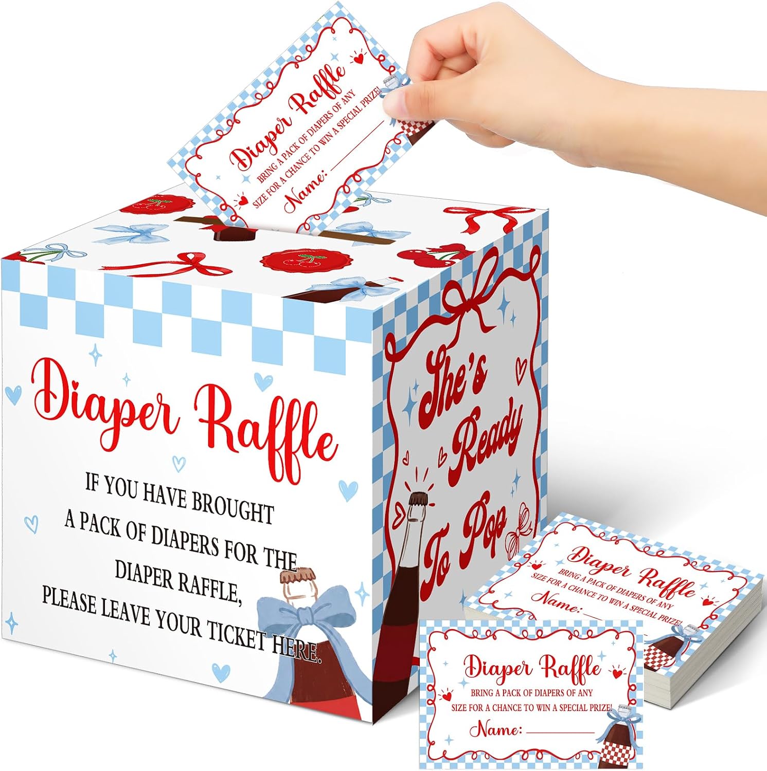 Teling 51 Pieces Diaper Raffle Tickets with Card Box,She's Ready to Pop，blue