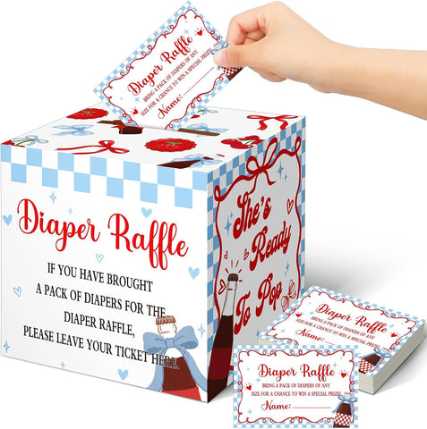 Teling 51 Pieces Diaper Raffle Tickets with Card Box,She's Ready to Pop，blue