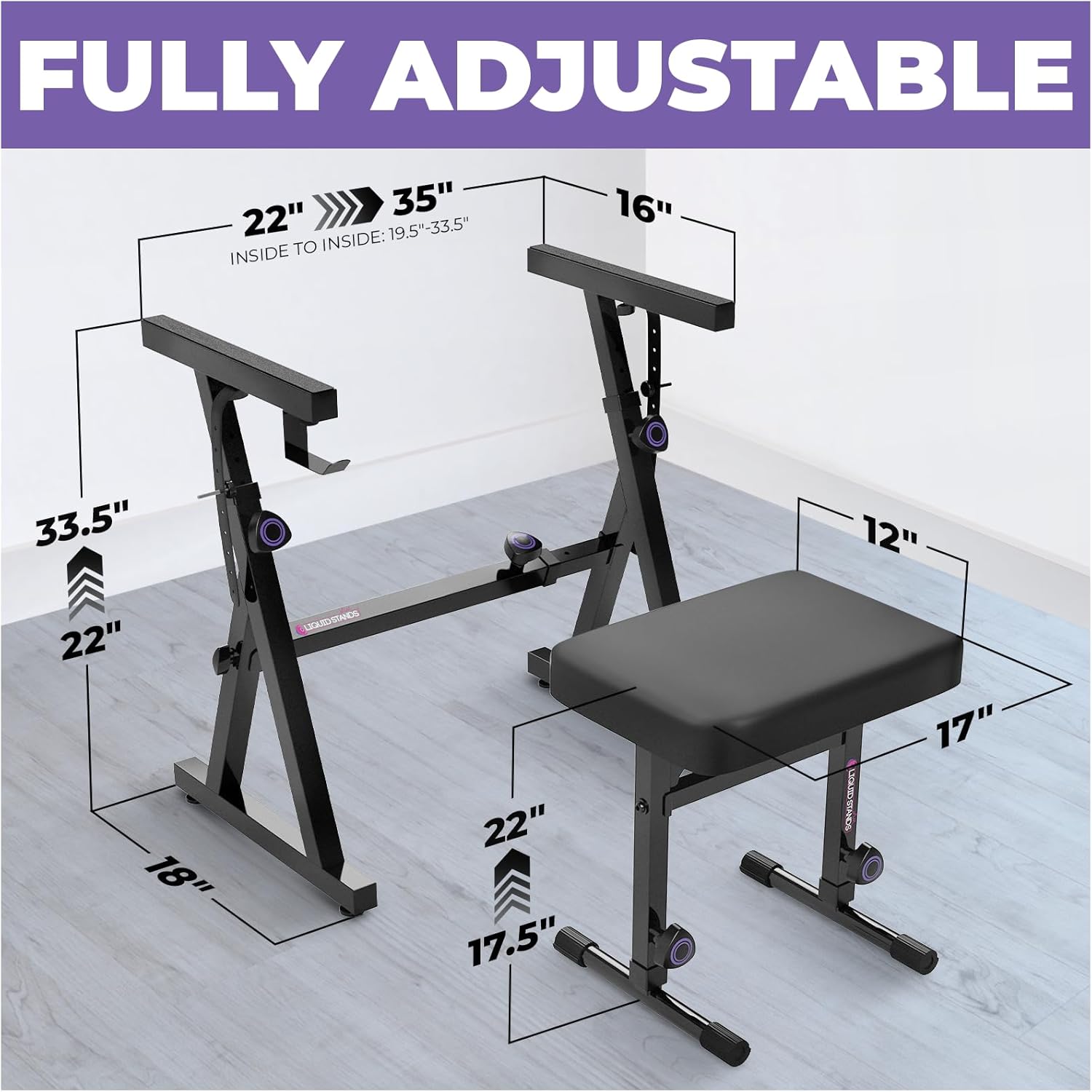 Liquid Stands Piano Keyboard Stand and Bench Set - Portable Heavy Duty Digital Piano Stand for 54-88 Key Electric Pianos & Adjustable Chair, Stool, Seat - Sturdy Keyboard Music Accessories