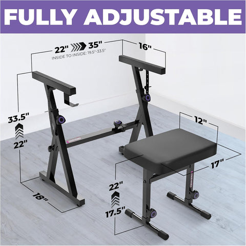 Liquid Stands Piano Keyboard Stand and Bench Set - Portable Heavy Duty Digital Piano Stand for 54-88 Key Electric Pianos & Adjustable Chair, Stool, Seat - Sturdy Keyboard Music Accessories