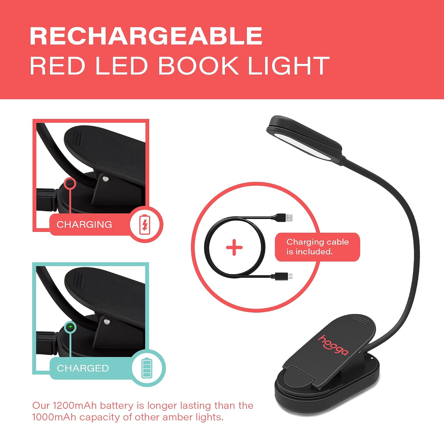 hooga Red Book Light, Rechargeable Clip On 625nm LED Light for Reading in Bed. No Blue Light Emitted, Eye Care Light for Strain-Free, Healthy Eyes. Gift for Students, Kids, Travel, Nursing, Studying.