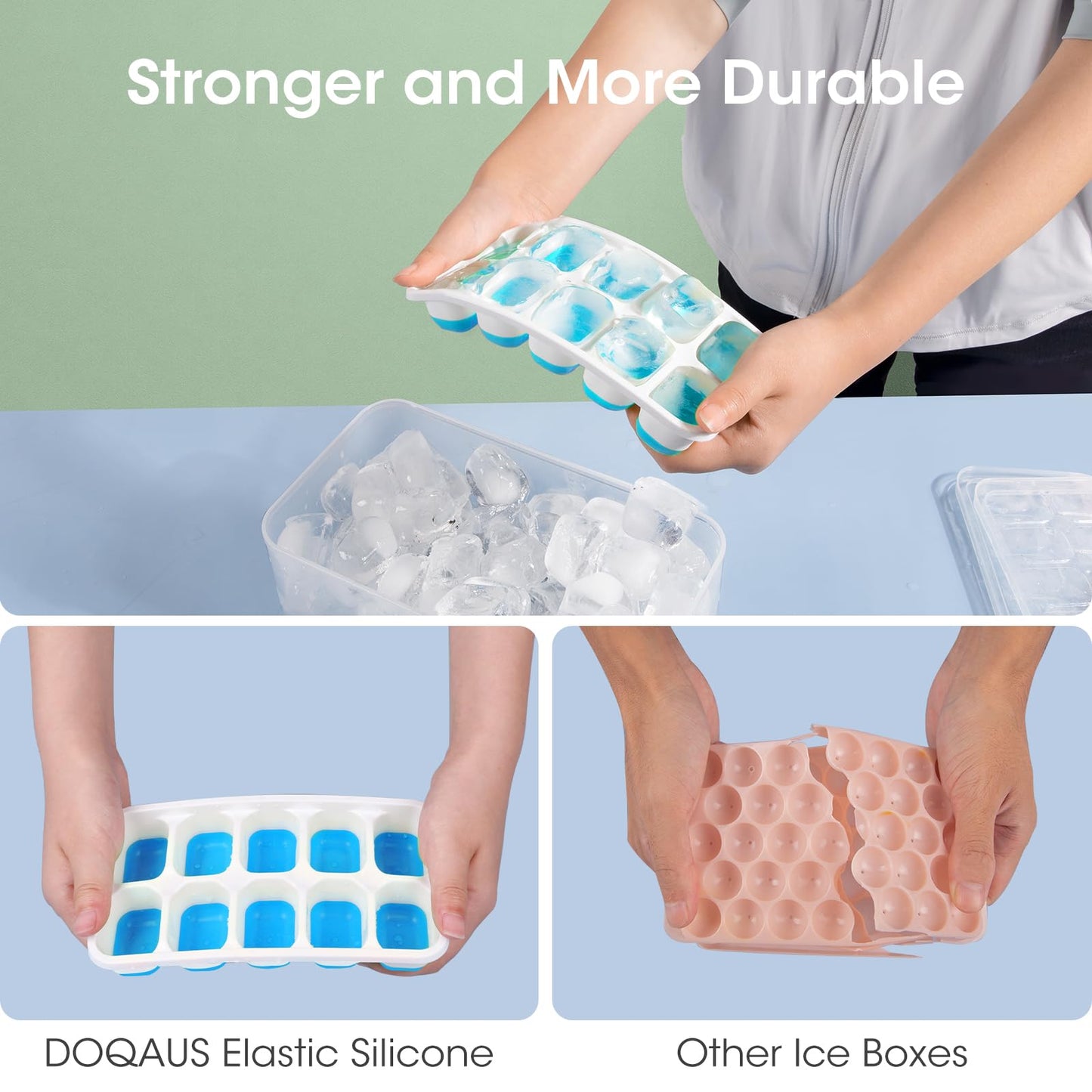 DOQAUS Ice Cube Tray with Lid and Bin, 4 Pack Silicone Plastic Ice Cube Trays for Freezer with Ice Box, Ice Trays with Ice Container, Stackable Ice Tray with Storage Ice Bucket Kits, Ice Scoop