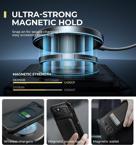Dexnor for iPhone 15 Case with Slide Camera Cover & Adjustable Kickstand & Built-in Screen Protector, Magnetic Rugged Shockproof Bumper Cases Heavy-Duty Magnetic Protective Cover,Black