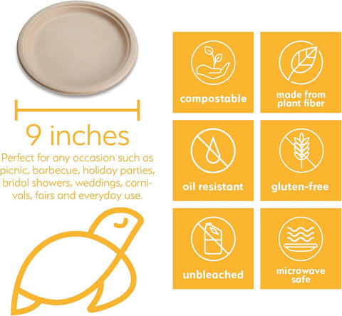 100% Compostable Disposable Paper Plates Bulk [9" 125 Pack], Bamboo Plates, Eco Friendly, Biodegradable, Sturdy Large Dinner Party Plates, Heavy-Duty, Unbleached by Earth's Natural Alternative