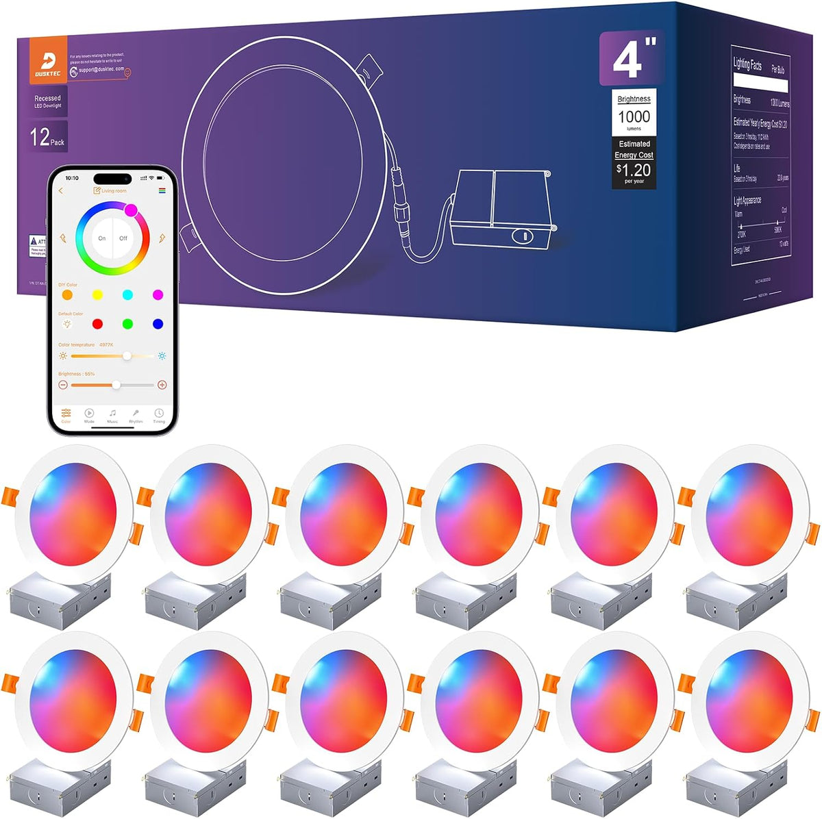 DUSKTEC 4 Inch Smart Recessed Lighting, Bluetooth RGB LED Recessed Light