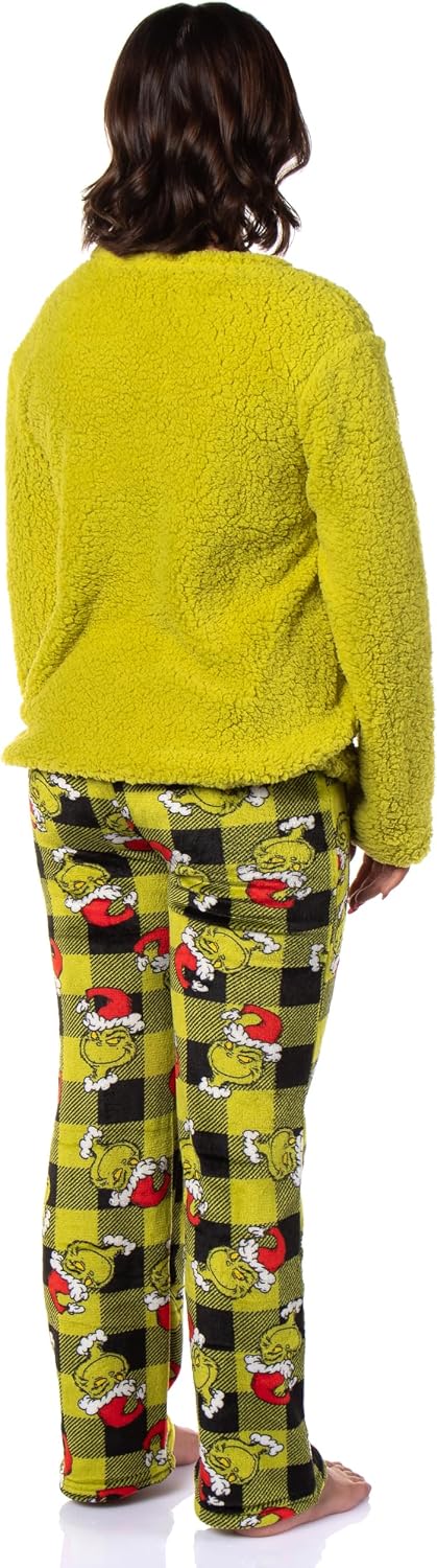 The Grinch Pajama Set Dr. Seuss Women's The Grinch Santa Fleece Buffalo Plaid Sleep Pajama 2 Piece Set Lounge