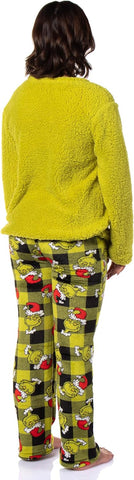 The Grinch Pajama Set Dr. Seuss Women's The Grinch Santa Fleece Buffalo Plaid Sleep Pajama 2 Piece Set Lounge
