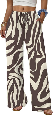 Sampeel Wide Leg Pants for Women Flowy Palazzo Drawstring Elastic Waist Trousers with Pockets Summer Beach Vacation Clothes