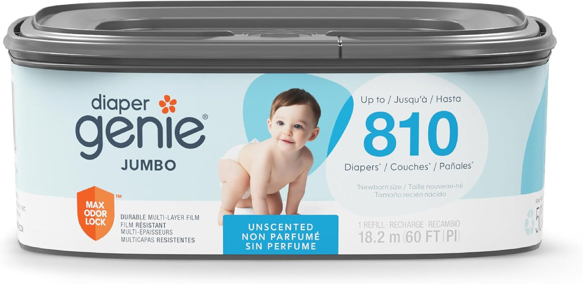 Diaper Genie Jumbo Square Refill, with continuous film, can hold up to 810 newborn-sized diapers per refill.