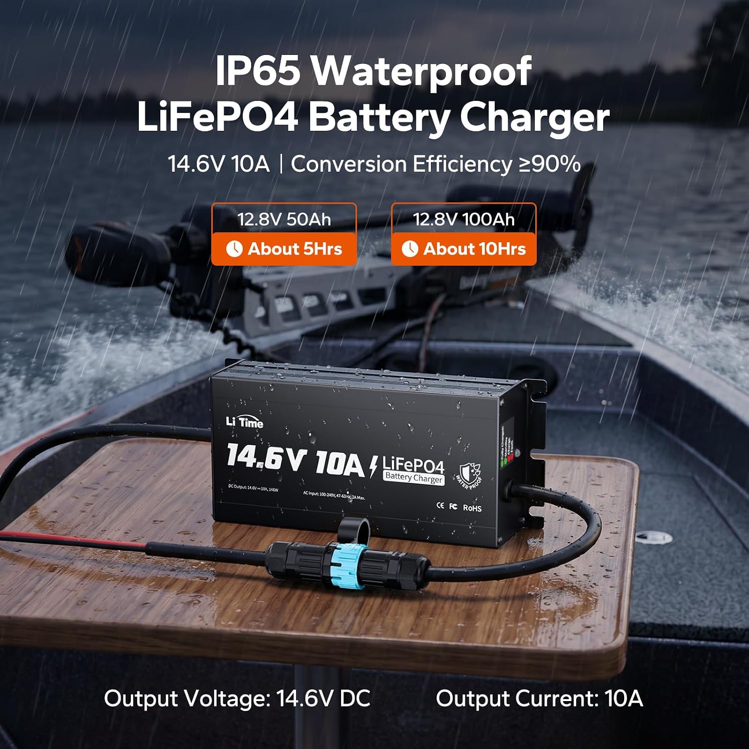 LiTime 12V 10A Lithium Battery Charger, IP65 Waterproof, 14.6V Output AC-DC