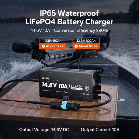 LiTime 12V 10A Lithium Battery Charger, IP65 Waterproof, 14.6V Output AC-DC
