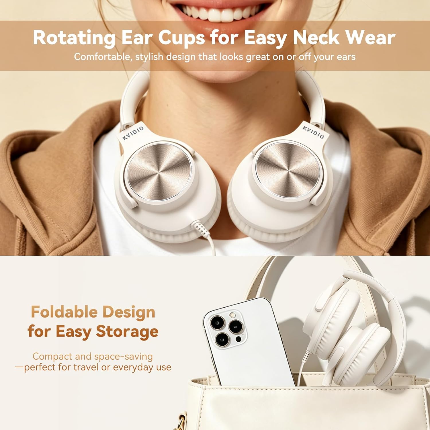 USB C Wired Headphones with Mic, Volume Control, Over-Ear for School, Beige