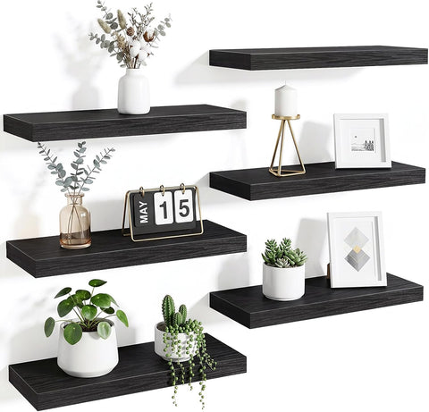 Fixwal Floating Wall Shelves for Decor (Black, Set of 6, 15.7 Inch)