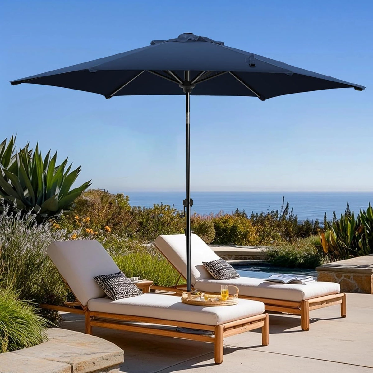 wikiwiki 7.5 FT Patio Umbrellas Outdoor Table Market Umbrella with Push Button Tilt/Crank, 6 Sturdy Ribs, Fade Resistant Waterproof POLYESTER DTY Canopy for Garden, Lawn, Backyard & Pool, Navy Blue