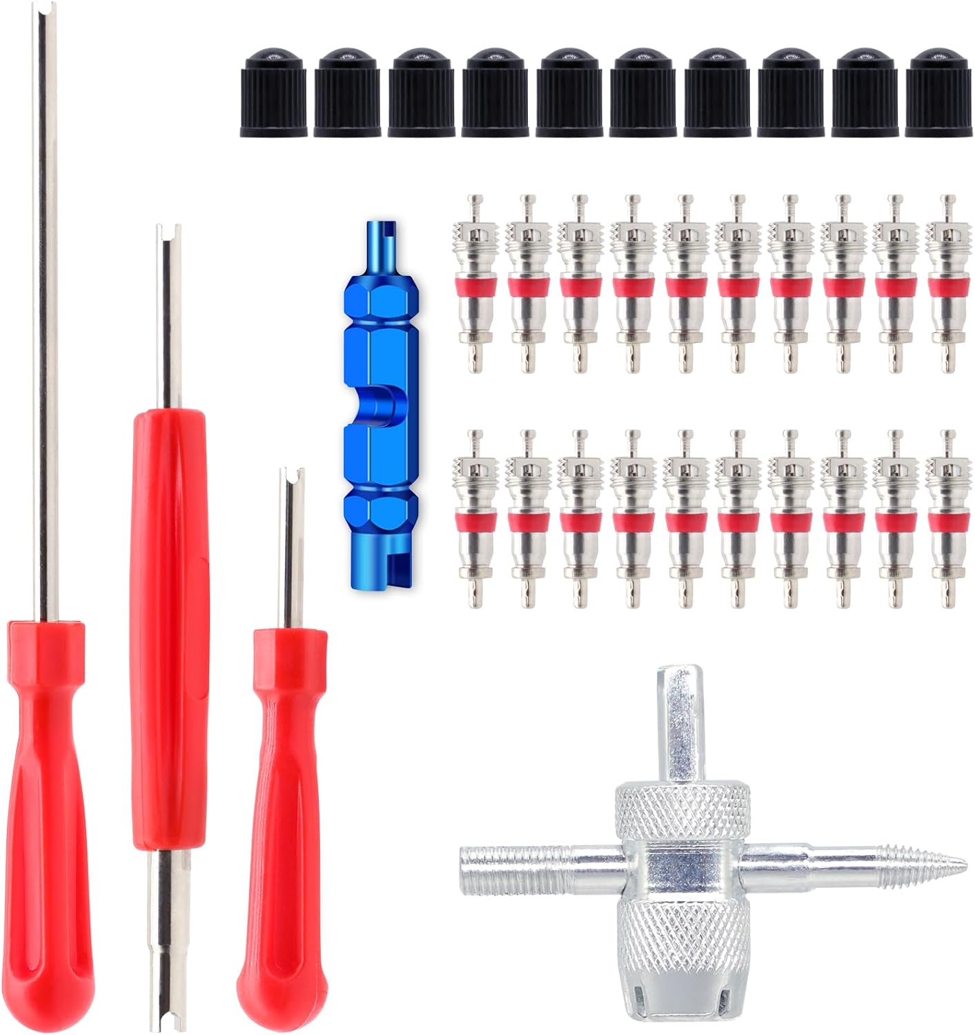 Valve Stem Removal Tool - 20Pcs Valve Cores, 10Pcs Tire Valve Caps, 4-Way Valve Tool, Valve Core Remover Tool By ZHSMS(35 PCS)