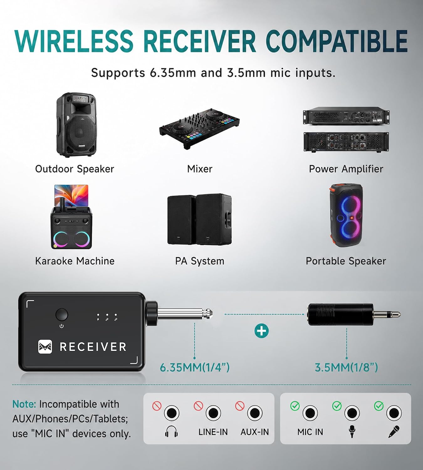 Wireless Microphone, Metal Dynamic Wireless Microphones with One-to-One Chip Connection and Rechargeable Receiver, 40H Duration, 200FT Range Receiving, Volume Control Karaoke Microphone for Singing