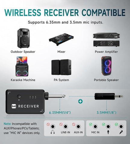 Wireless Microphone, Metal Dynamic Wireless Microphones with One-to-One Chip Connection and Rechargeable Receiver, 40H Duration, 200FT Range Receiving, Volume Control Karaoke Microphone for Singing
