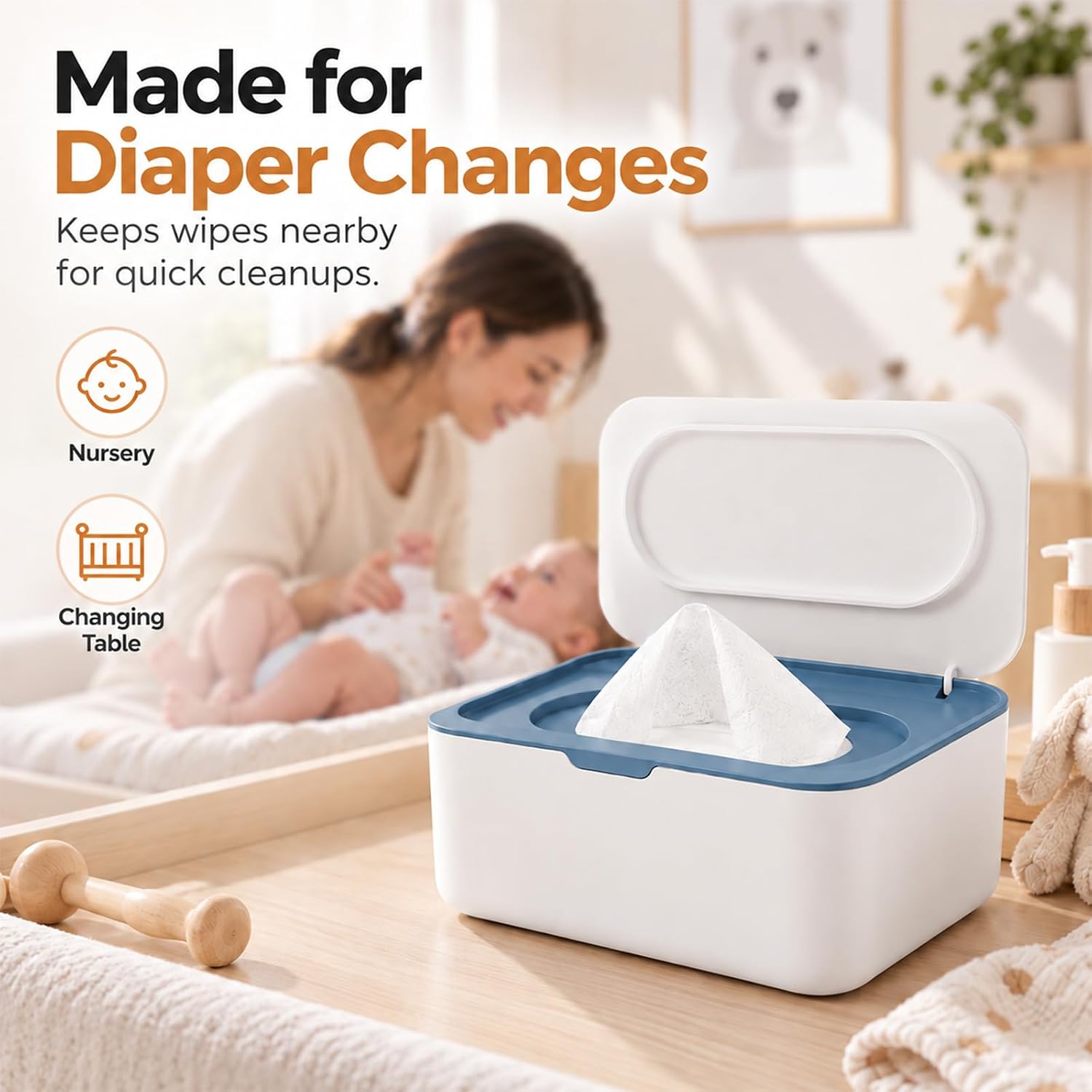 Wipes Dispenser, Wipe Holder for Baby & Adult, Seposeve Refillable Wipe Container, Keeps Wipes Fresh, One-Handed Operation. Non-Slip, Easy Open/Close Wipes Pouch Case, Blue