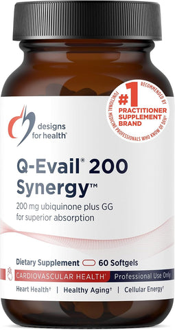 Designs for Health Q-Evail 200 Synergy – 200 mg CoQ10 Highly Bioavailable Ubiquinone + Exclusive Absorption Technology – Coenzyme Q10 Boost with GG – Heart, Healthy Aging + Cell Support (60 Softgels)
