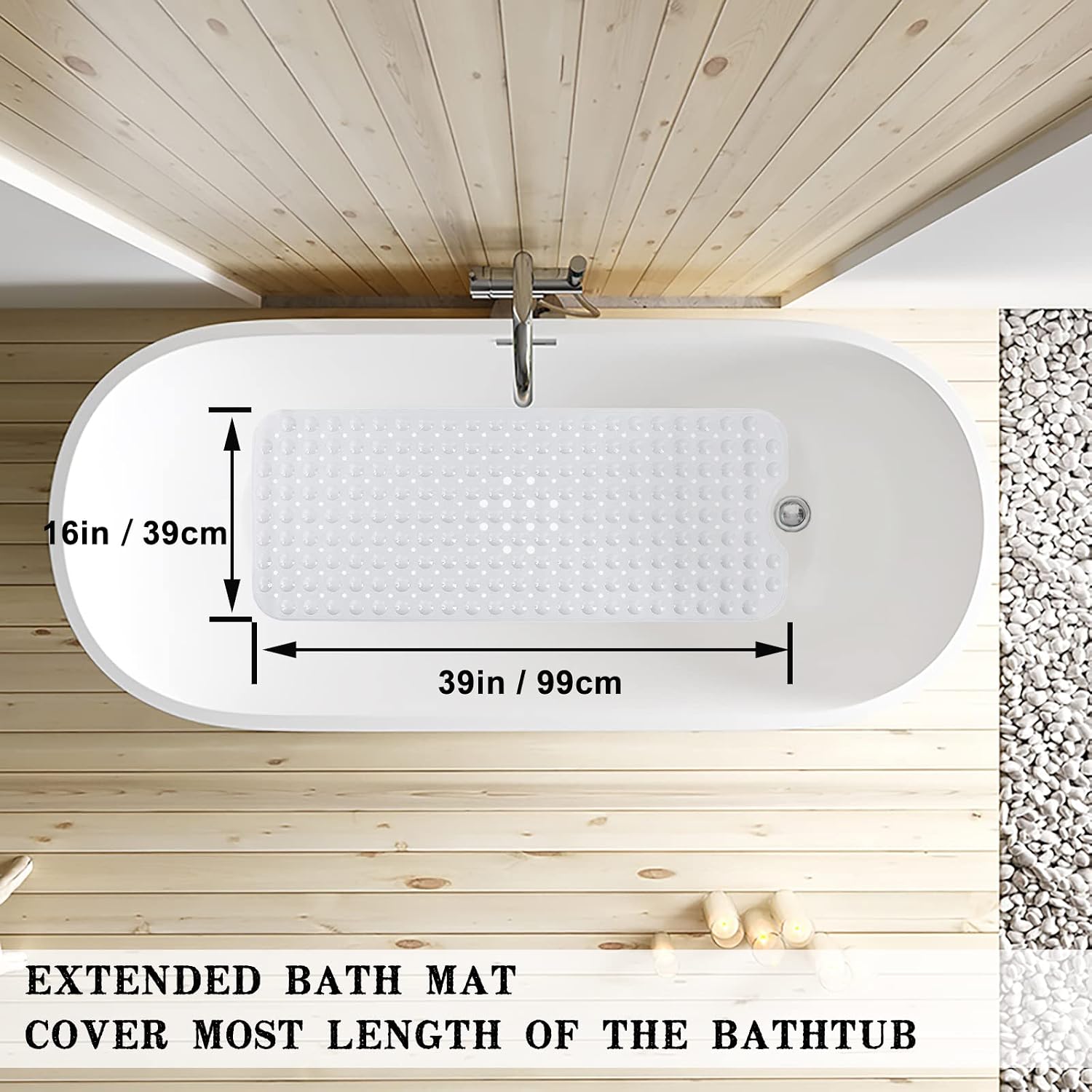 Bathtub and Shower Mats, Extra Long Non-Slip Bath Tub Mat 39 x 16 Inch, Machine Washable Bathmat with Suction Cups & Drain Holes for Bathroom Floor, White