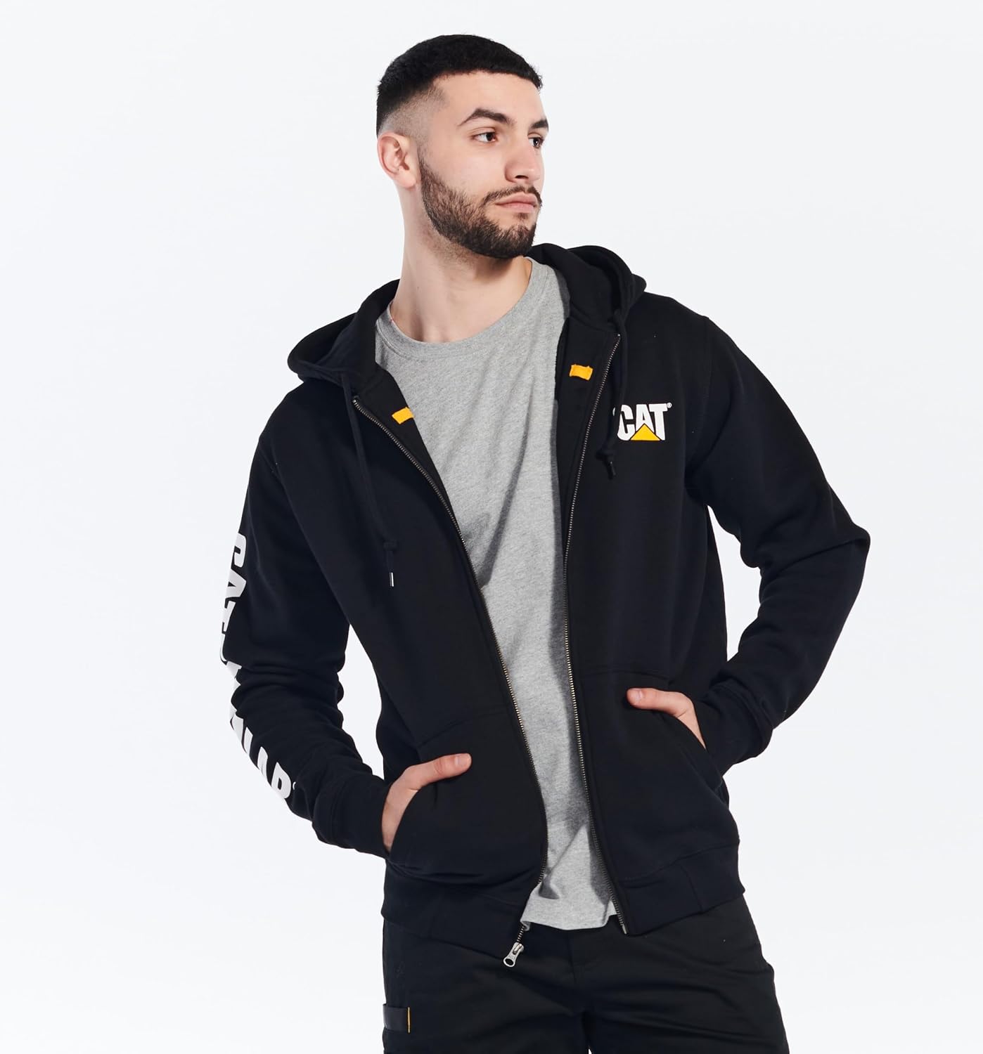 Caterpillar mens Full Zip Hoodies With Front Pouch Pockets, Iconic Workwear Logo, and S3 Cord Management