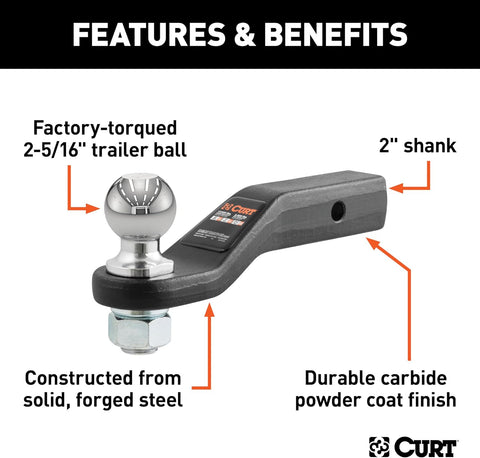 CURT 45331 Loaded Ball Mount, 2-5/16" Ball, 15,000 lb, 2" Drop