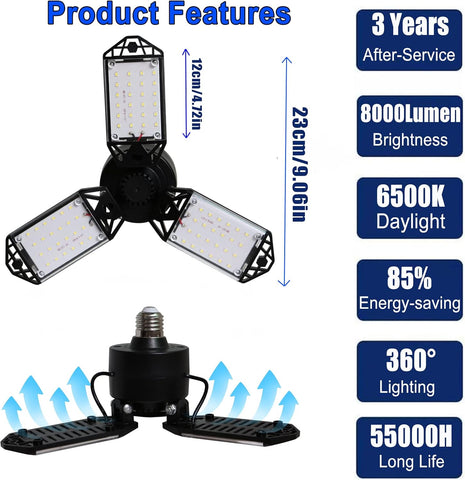 LED Garage Light, 80W 8000 Lumen Ceiling Lights with 3 Adjustable Panels, 6500K Daylight Light Bulb Fixture LED Lights for Garage, Workshop
