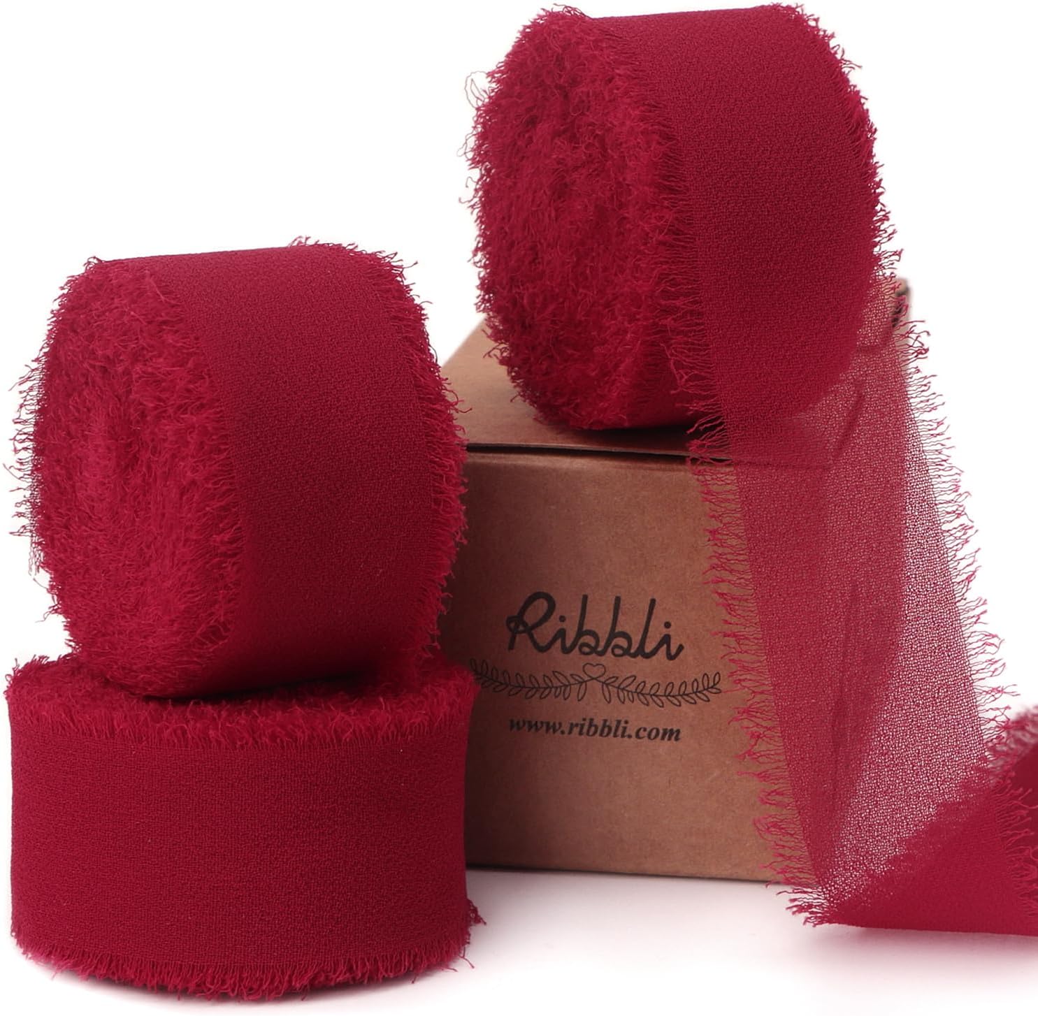 Ribbli Dark Red Ribbon 1 Inch x 3 Rolls Total 24 Yards Handmade Fringe Chiffon Silk Ribbon for Wrapping Wedding Invitations Bridal Bouquets DIY Crafts Home Decor
