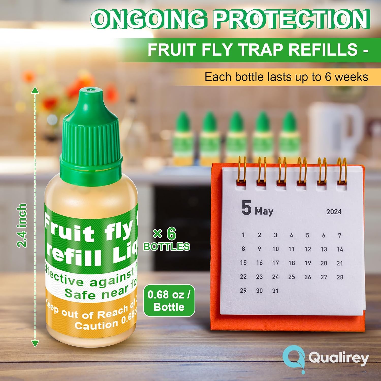 Qualirey 6 Pack Fruit Fly Trap Refill Liquid, 0.68oz Per Bottle (Green)