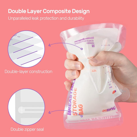 Nuliie 50 Pcs Breastmilk Storage Bags, 8 OZ Breast Milk Storing Bags, BPA-Free, Milk Storage Bags with Pour Spout for Breastfeeding, Self-Standing Bag, Space Saving Flat Profile