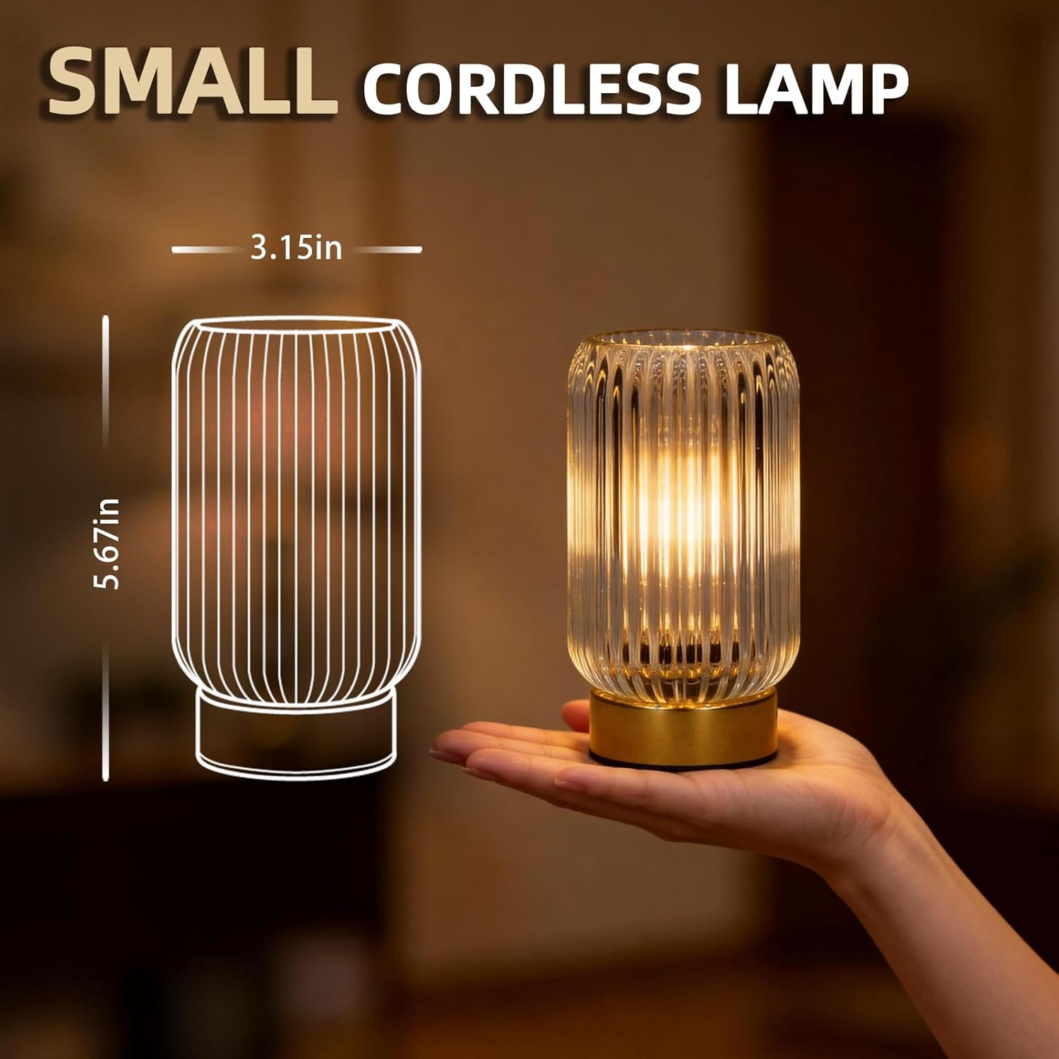 MJ PREMIER Battery Operated Lamp, Small Cordless Lamp with Timer, Clear