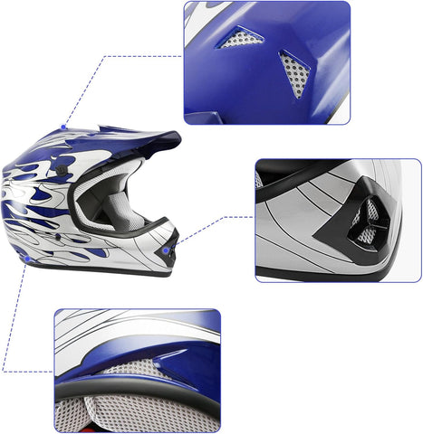TCT-MOTORPARTS DOT Kids Youth Motocross Helmets ATV Off-Road Dirt Bike Motorcycle Full Face Blue Flame Helmet+Gloves+Goggles Large