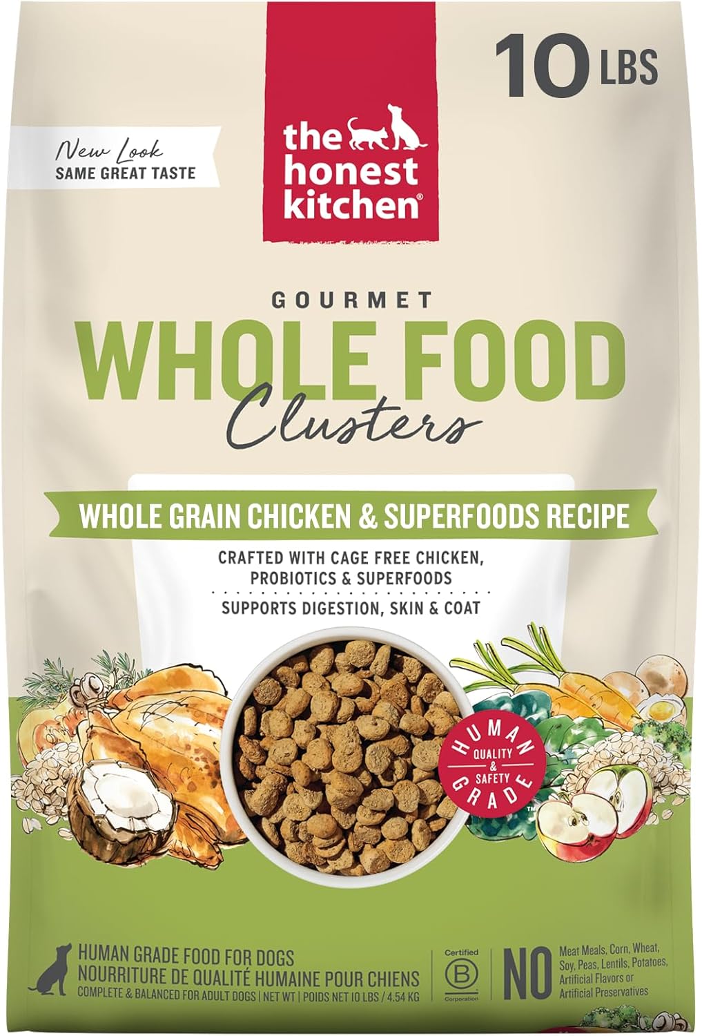 The Honest Kitchen Whole Grain Chicken & Superfoods Whole Food Clusters, Vet Crafted Human Grade Dry Dog Food, Skin, Coat, Digestion & Healthy Weight, 10 lb Bag