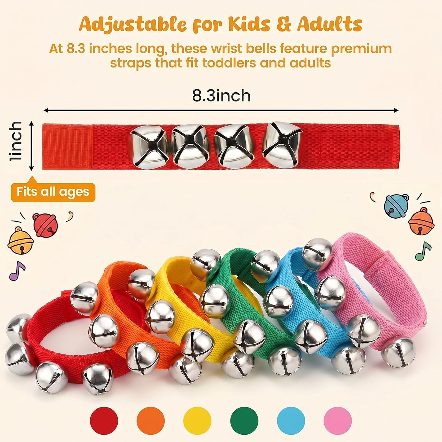POPLAY 6 PCS Jingle Bells, Adjustable Wrist Band, Multicolor
