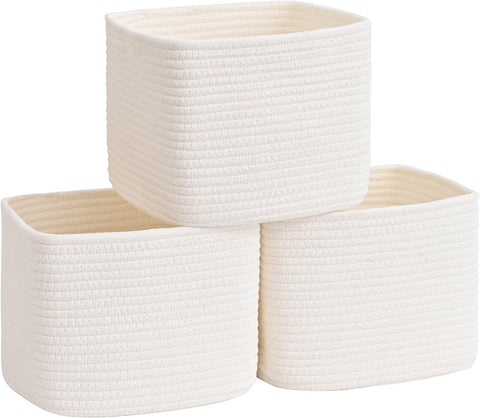 3 Pack Cube Storage Bin, 9”x9”x7” Cotton Rope Woven Baskets for Organizing Toys Clothes Towels, Square Gift Storage Baskets for Shelves, Nursery, Closet, Bathroom, Pantry (White)