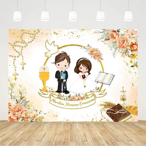 AIBIIN 7x5ft Mi Primera Comunion Backdrop for Twins Nuestra Primera Comunión God Bless Baptism Party Decoration Christening Ceremony Mi Bautizo Banner Chalice Floral Photography Background Photo Props